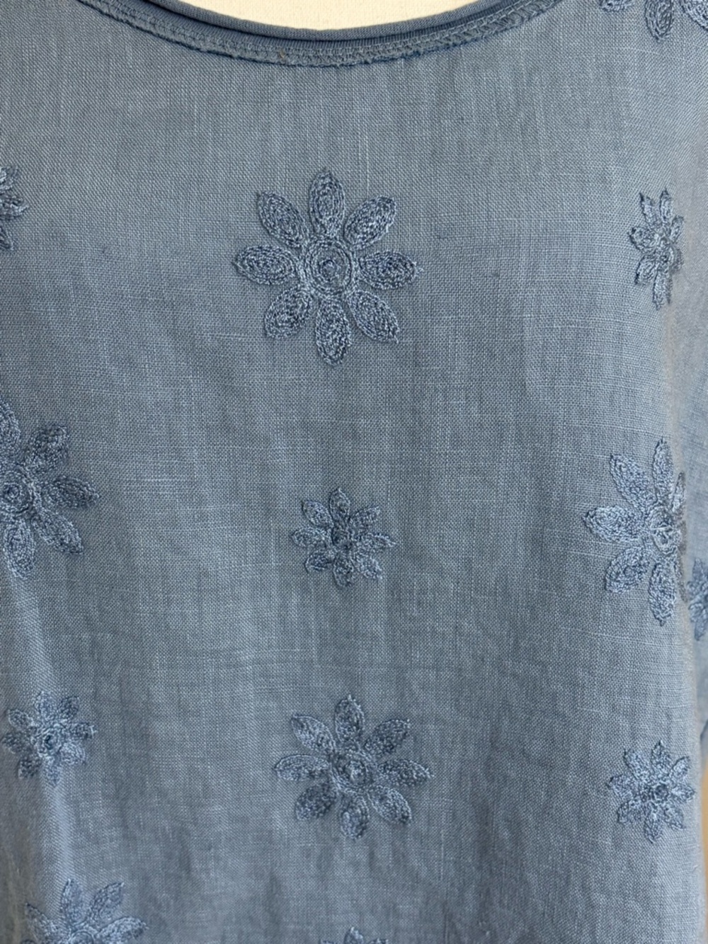 Italian Linen Cotton Blend Blue Floral Embroidery Boho Sleeveless Top-Sz-XL - Picture 4 of 16